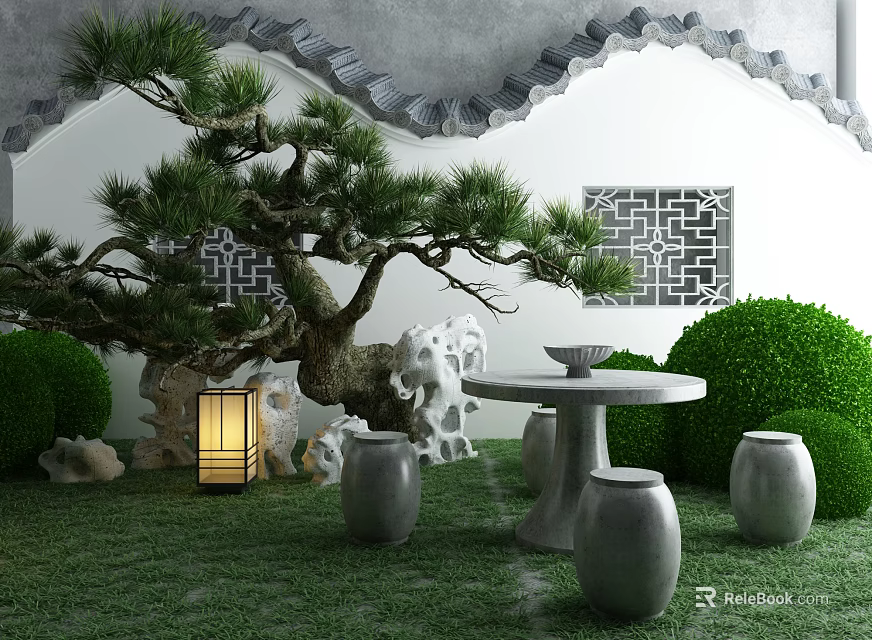 Traditional Chinese Garden Ornaments With Pine Tree Stone Table Stools Lantern And Green Grass 3d model