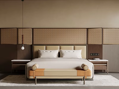 Double Bed Featuring Woven Headboard Wall Beige Upholstered Headboard Footstool Nightstands And Pendant Light 3d model