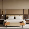 Double Bed Featuring Woven Headboard Wall Beige Upholstered Headboard Footstool Nightstands And Pendant Light