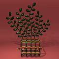 Modern Artistic Single Chair With Yellow Metal Frame And Green Leaf Decorations On Red Background
