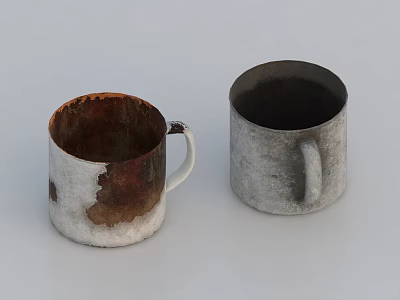 Rusted Mug With White Spots And Silver Mug With Handles On White Background 3d model