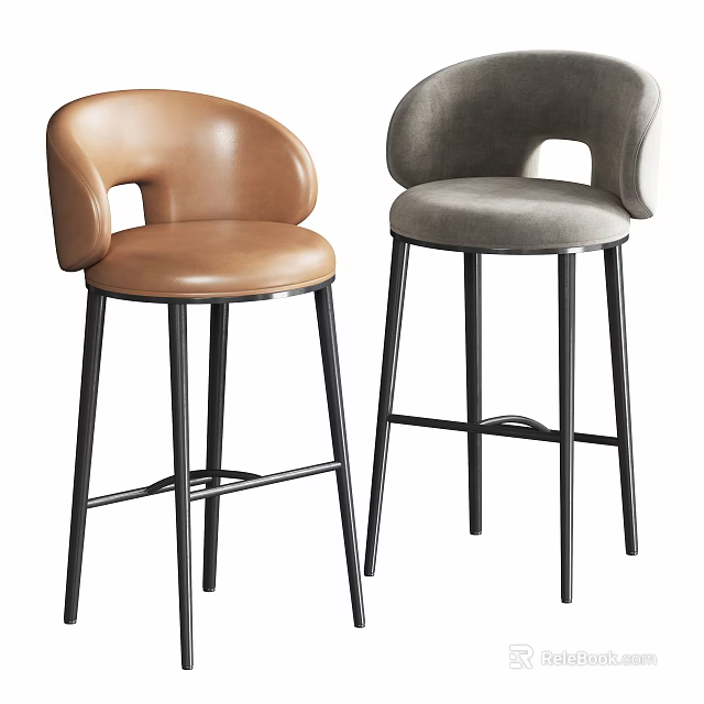 Modern Brown Leather and Gray Fabric Bar Stools With Black Metal Legs And Curved Backrest 3d model 