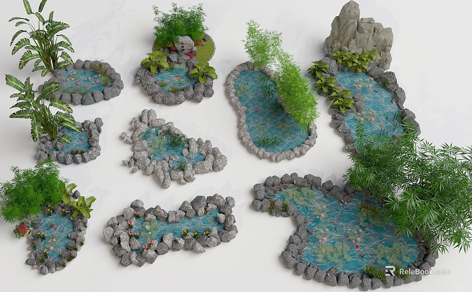 Garden Ornaments Featuring Small Stone Edged Ponds Aquatic Plants Rock Formations and Greenery 3d model 