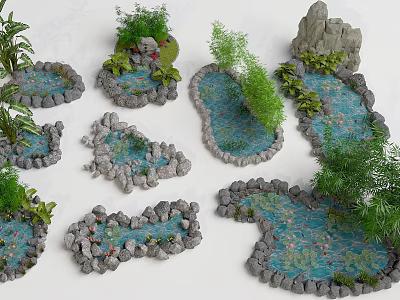New Chinese style landscape pond landscape pool courtyard sketch koi lotus water lily 3d model