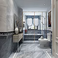 Luxury Modern Marble Clad Bathroom Interior With Bathtub Toilet And Elegant Decorative Vanity Cabinet