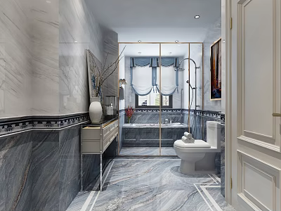 Luxury Modern Marble Clad Bathroom Interior With Bathtub Toilet And Elegant Decorative Vanity Cabinet 3d model