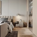 Modern Bedroom Interior With Upholstered Bed Accent Pillows Wall Art And Area Rug