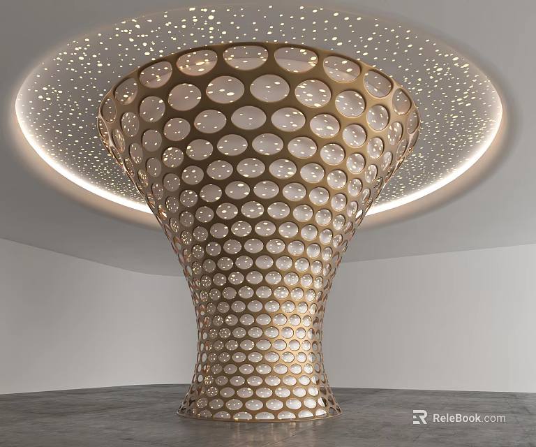 Golden Decorative Column With Circular Holes And Modern Design Under Illuminated Ceiling 3d model 