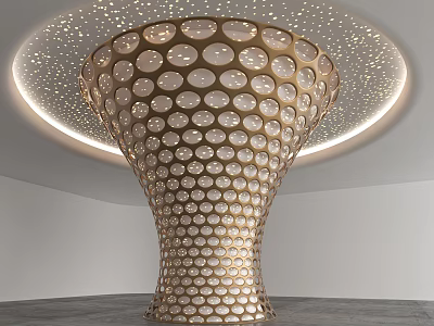 Golden Decorative Column With Circular Holes And Modern Design Under Illuminated Ceiling 3d model