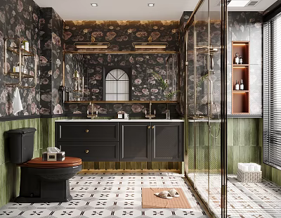 Luxury Bathroom Interior With Floral Wallpaper Green Tiled Shower Dark Vanity And Gold Fixtures 3d model