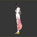 Traditional Japanese Kimono With Cherry Blossom Print And Elegant Obi Belt Pink White