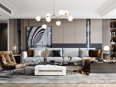 Modern Elegant Living Room With Gray Sofa Brown Armchair Marble Coffee Table And Chandelier 3d model