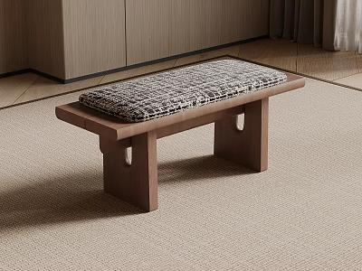 Wooden Stool With Patterned Cushion On Neutral Carpet Modern Interior 3d model