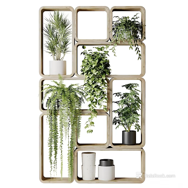 Indoor Multi tiered Wooden Frame Garden Decor With Hanging Plants And Various Green Potted Plants 3d model 
