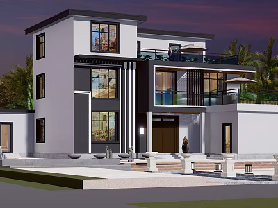 Two Story Modern Detached Villa Exterior Design Featuring Large Glass Windows Balcony And Palm Trees 3d model