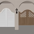 Arched Doorways With White Louvered And Wooden Lattice Doors And Wall Lantern