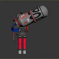 Red And Silver Mechanical Weapon With Blue Pipes Cylindrical Barrel And Mechanical Components