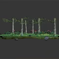 Cartoon Tropical Island Scene With Green River Lush Plants Trees And Flowers