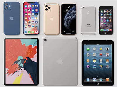 Apple iPhones And iPads Showcase Featuring Various Colors Display Screens And Designs 3d model