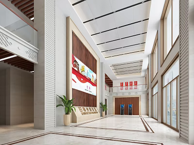 Spacious Modern Service Hall Interior With High Ceiling Large Display Green Plants And Marble Floor 3d model