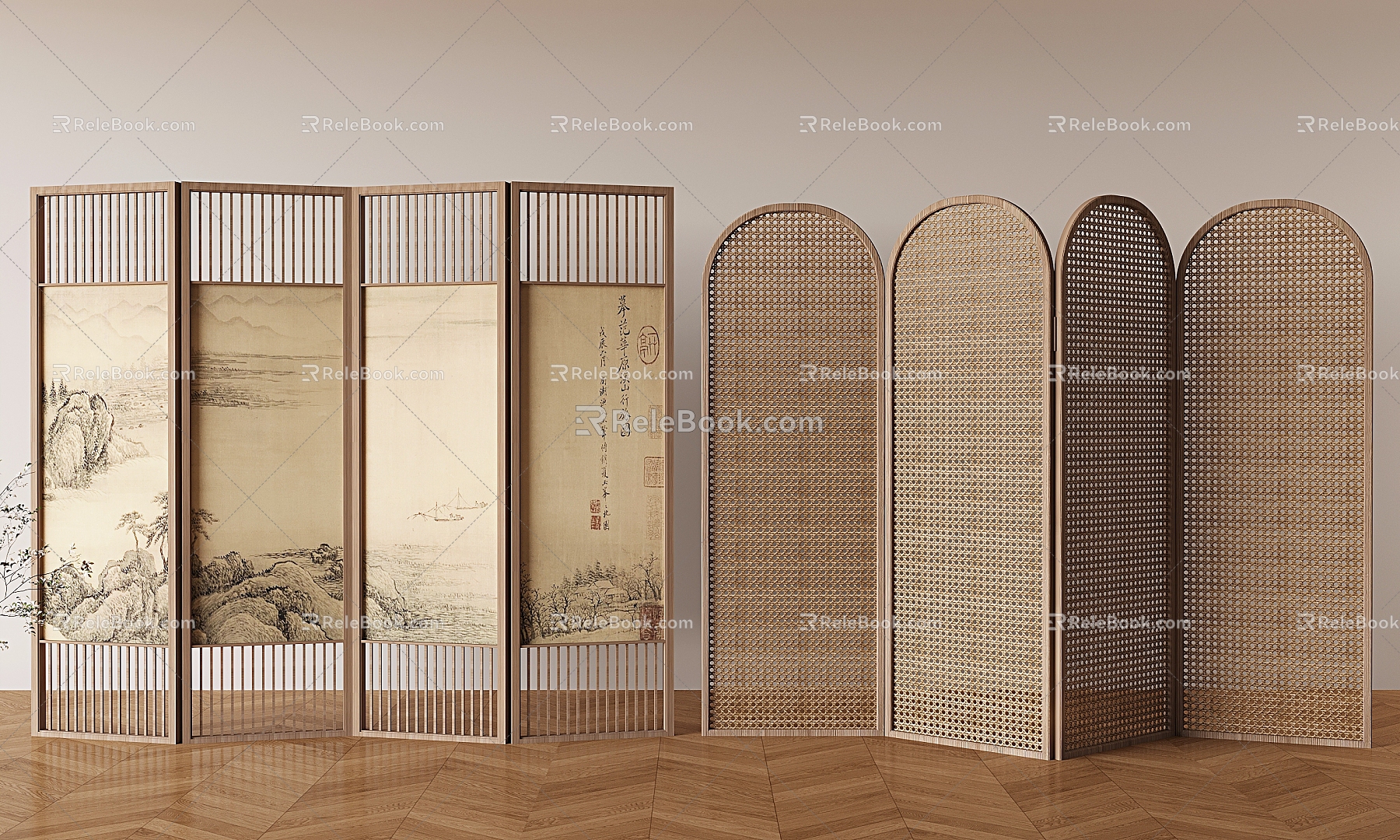 Quiet Rattan Folding Screen New Chinese Landscape Screen Solid Wood Screen Partition 3d model