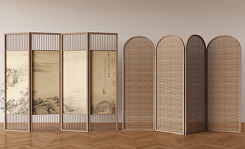 Quiet Rattan Folding Screen New Chinese Landscape Screen Solid Wood Screen Partition 3d model