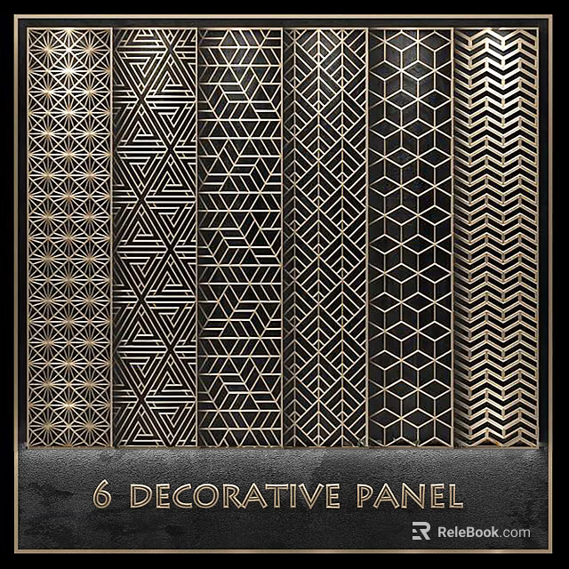 Six Decorative Panel Screen With Geometric Patterns In Gold And Black 3d model 