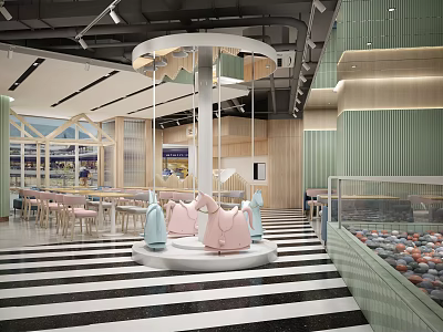 Colorful Modern Restaurant Interior With Carousel Seats Striped Flooring And Ball Pit Area 3d model