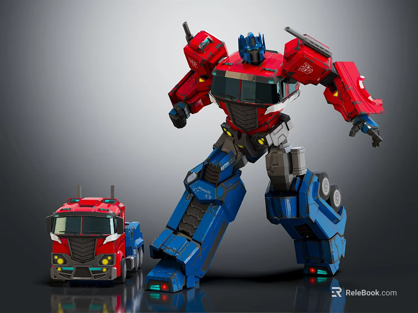 Detailed Large Red And Blue Robot Figure With Small Red Truck Model 3d model 