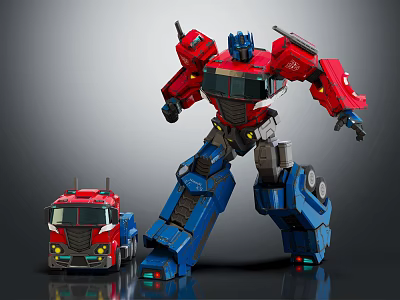 Detailed Large Red And Blue Robot Figure With Small Red Truck Model 3d model