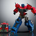Detailed Large Red And Blue Robot Figure With Small Red Truck Model