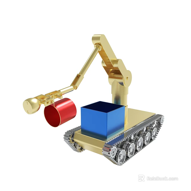 Golden Robotic Arm with Tracked Base Operating Blue Cube and Red Cylinder 3d model