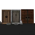 Traditional Wooden Stone Entrance Doors With Metal Hardware Decorative Knockers Stone Bases and Sculpture