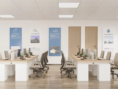 Modern Public Office Area With Open Layout Work Desks Ergonomic Chairs Computers And Green Plants 3d model