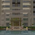 Luxury High Rise Residential Building Grand Entrance With Illuminated Water Pool And Landscaping