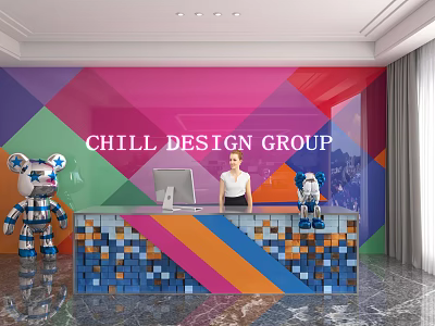 Chill Design Group Storefront Reception Desk with Colorful Geometric Backdrop Mosaic Countertop and Cartoon Sculptures 3d model