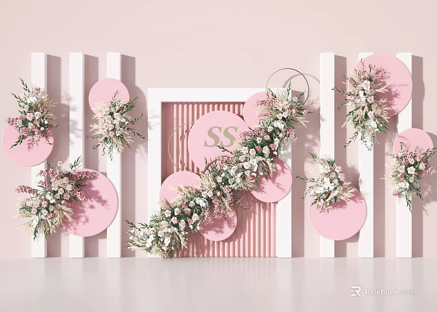 Pink And White Striped Backdrop With Floral Decorated Pink Circles And Central SS Sign 3d model 