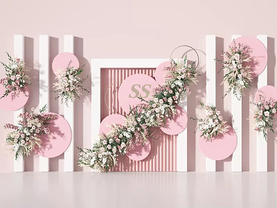 Pink And White Striped Backdrop With Floral Decorated Pink Circles And Central SS Sign 3d model