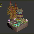 Miniature Scenic Model Featuring Wooden Cottage Pine Trees and Small Pond