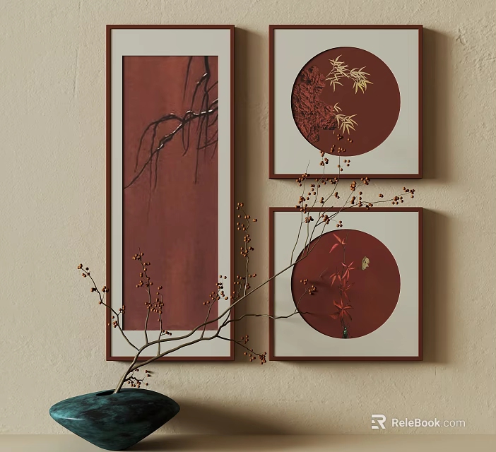 Elegant Wall Art Decor With Red Background Round And Rectangular Frames Featuring Plant Elements 3d model