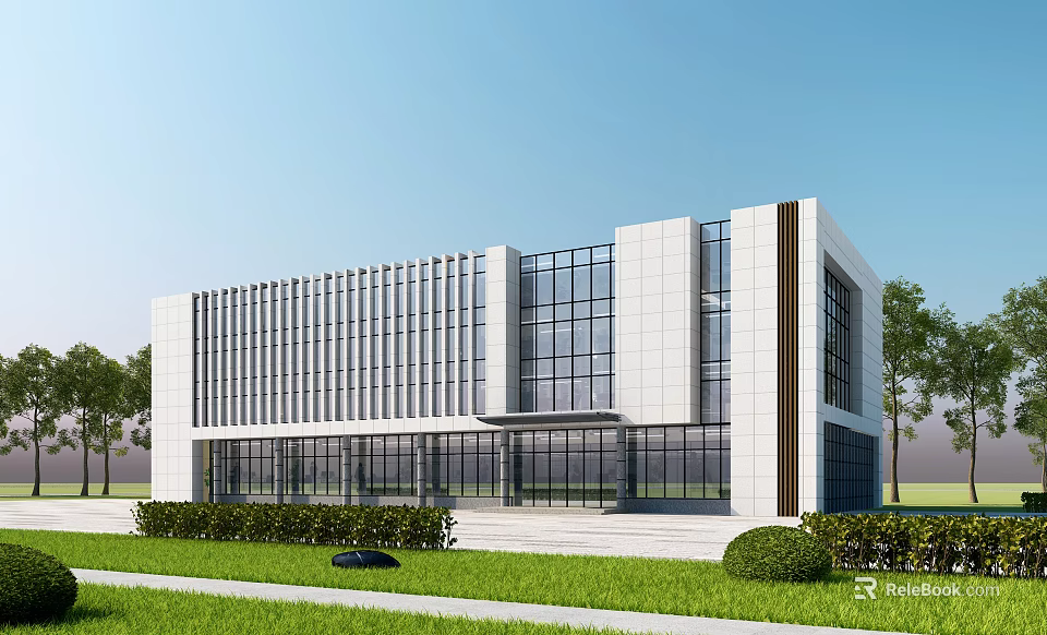 Modern Office Building With Glass Windows White Facade And Landscaped Lawn Areas 3d model 