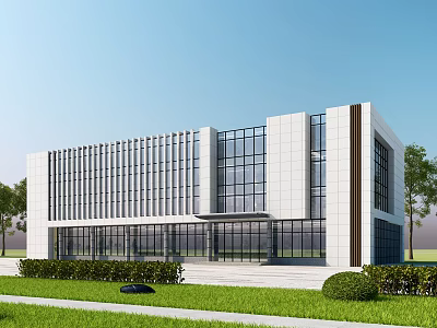 Modern Office Building With Glass Windows White Facade And Landscaped Lawn Areas 3d model
