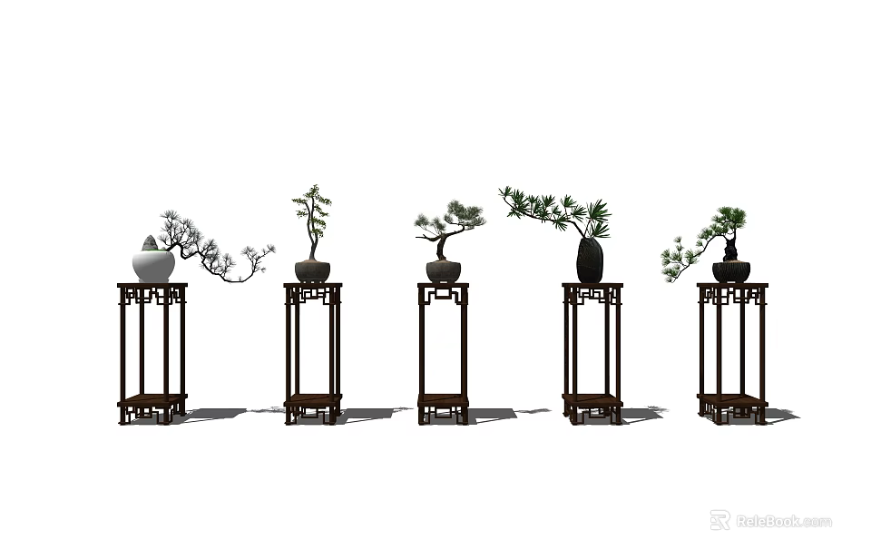 Traditional Bonsai Plants Displayed On Tall Wooden Stands With Various Species 3d model 
