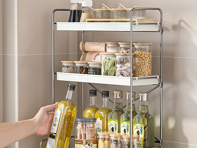 Organized Kitchen Spice Bottles And Glass Jars On Metal Storage Rack 3d model