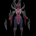 Woman in red blue white fantasy warrior armor with wing like structures and sharp blades