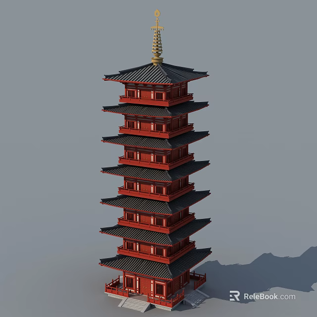 Traditional Red Pagoda with Multi Tiered Black Roofs and Golden Spire against Mountain Backdrop 3d model 