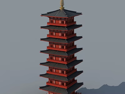 Traditional Red Pagoda with Multi Tiered Black Roofs and Golden Spire against Mountain Backdrop 3d model