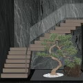 Modern Staircase With Wooden Steps Glass Railing And Bonsai Tree Against Marble Wall