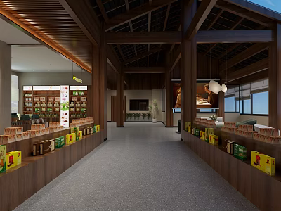 Spacious Agricultural Exhibition Hall Interior With Wooden Structure Display Shelves And Fresh Agricultural Products 3d model