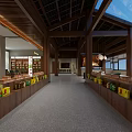 Spacious Agricultural Exhibition Hall Interior With Wooden Structure Display Shelves And Fresh Agricultural Products